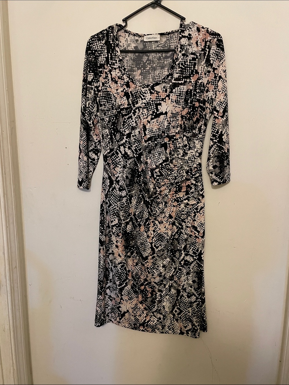 Calvin Klein Black and Light Pink Abstract Print Long-Sleeve Dress